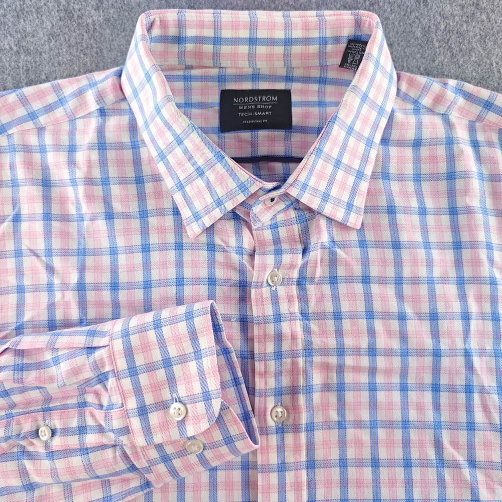 Nordstrom Tech-Smart Button Down Mens 17.5 34-35 Pink Blue Plaid Traditional Fit